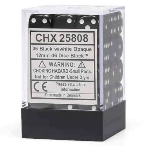 Chessex Opaque 36D6 Black w/White 12mm