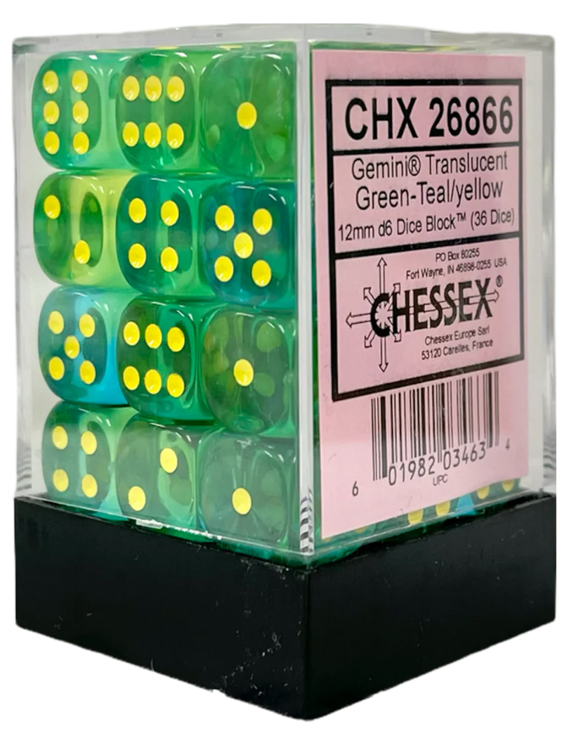 Chessex Gemini 36D6 Translucent Green-Teal/Yellow - 12mm