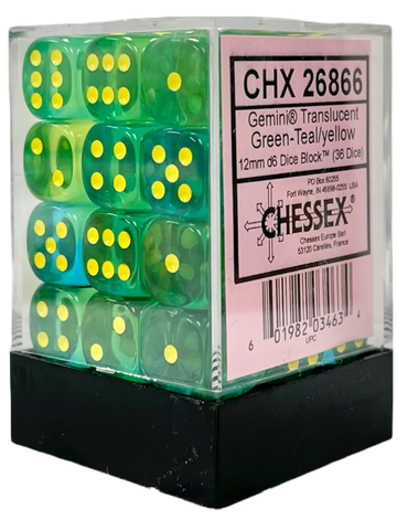 Chessex Gemini 36D6 Translucent Green-Teal/Yellow - 12mm